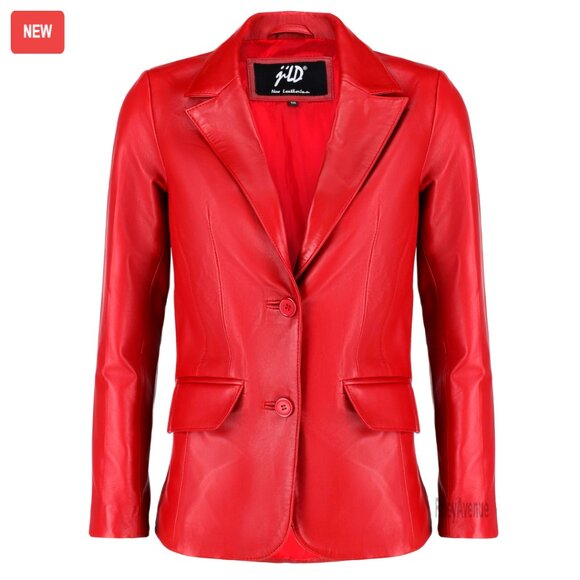 Lambskin Leather Blazer Jacket Women's 2-Button Notched Lapel Professional